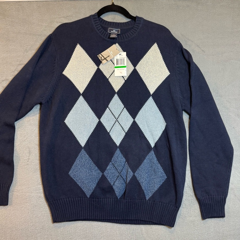 Dockers Men's Blue Argyle Crewneck Sweater, NWT, Size L, 100% cotton